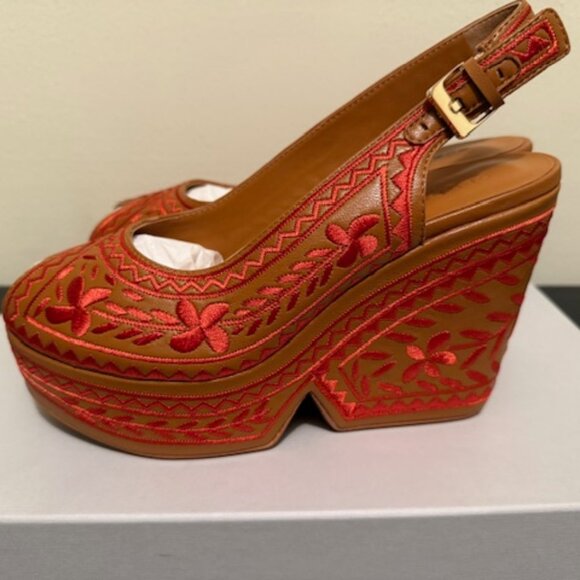 Robert Clergerie Embroidered Dylan Platform, Brown/Tan/Orange- Sz 39 EU/8.5US - Picture 4 of 6